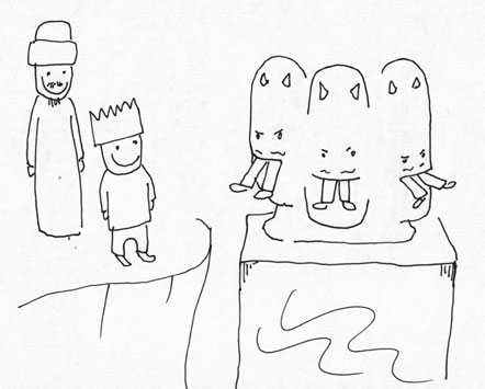 here, they met a demon who had three mouths. He was sitting in a block of ice, having a snack.