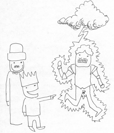 Further down the path, they saw a knight who was annoyed by some rain and bad weather.